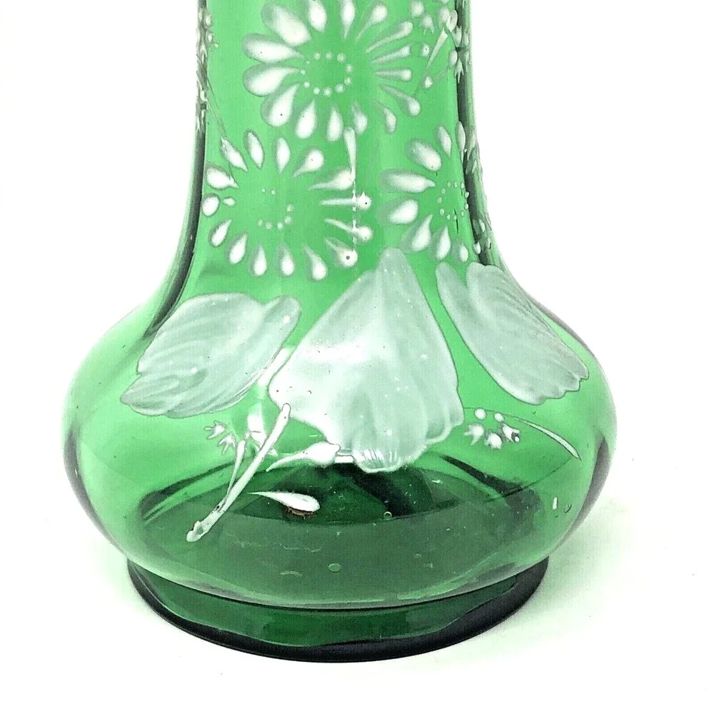 Bohemian Hand Enameled Ruffle Top Vase VTG Hand Blown Paintet Emerald Snow Glass